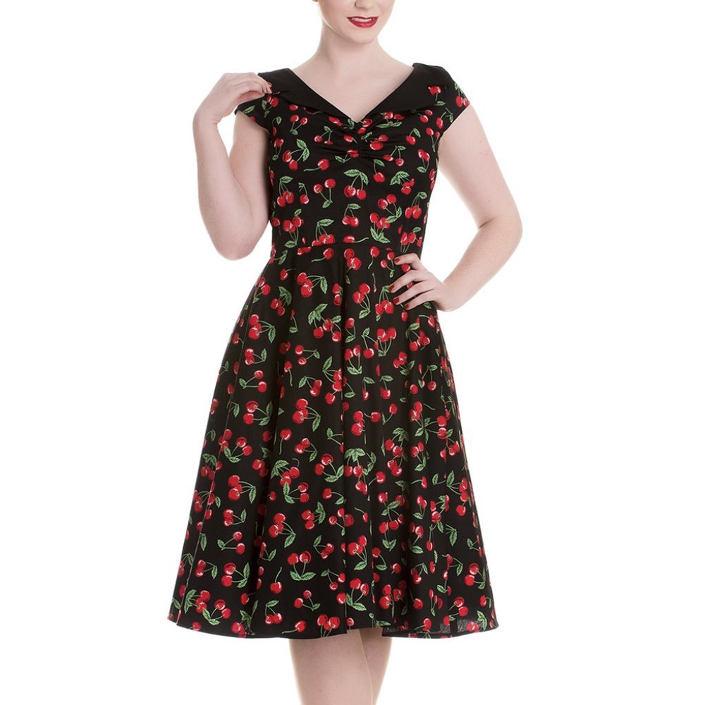 Hell Bunny Cherry Print 50s Dress, Hell Bunny Fit and Flare Black Party Dress
